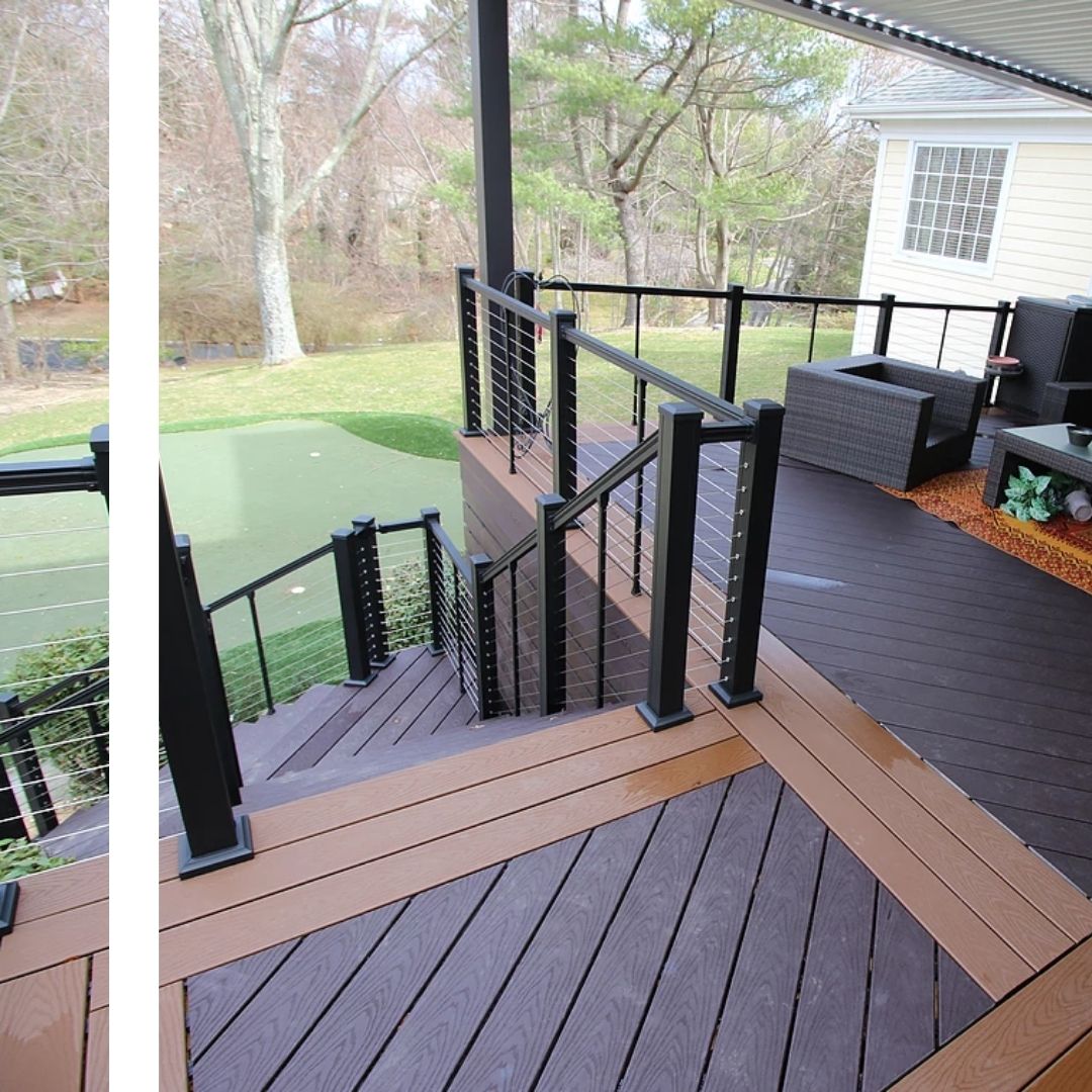 an aluminum railing around a deck