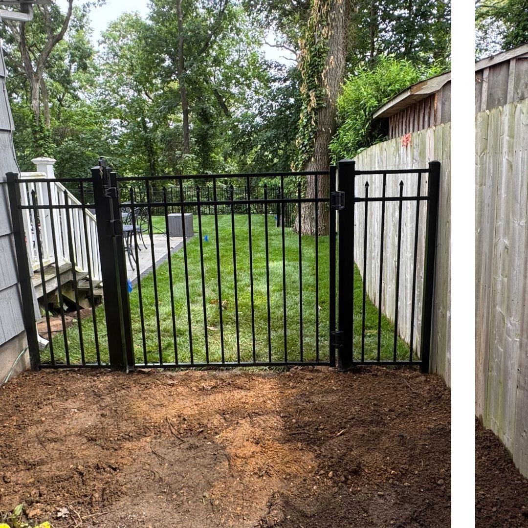 A new black aluminum pool code fence and gate installation, securing a lush backyard patio and lawn.