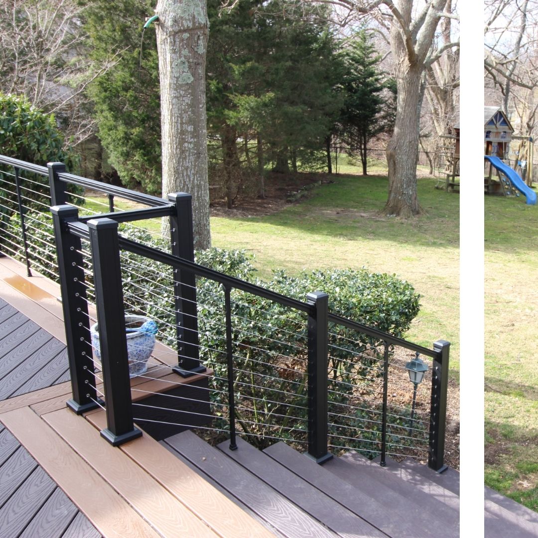 Custom black metal and cable deck railing installed on a multi-level wooden deck by Sheepshead Bay fence contractors.