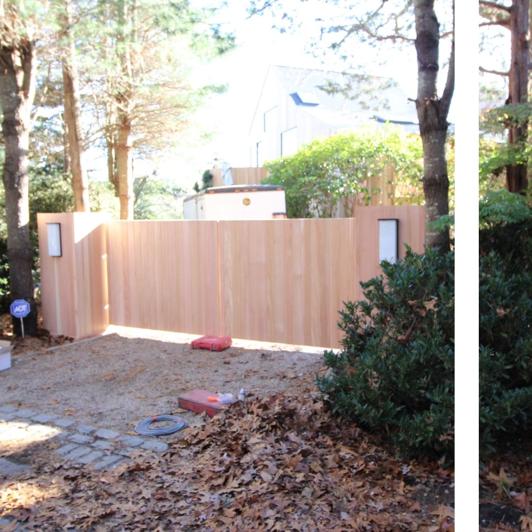 Large horizontal wood estate gate and matching privacy wall providing high-end security for a Sheepshead Bay home.